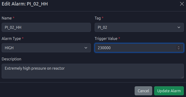 Editing Alarm Type and Trigger Value